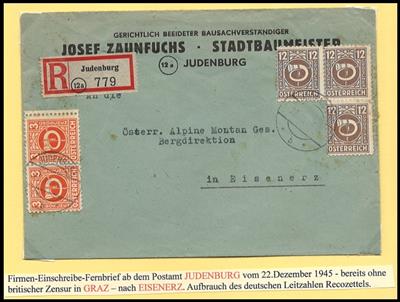 Poststück - Posthornfrankaturen 1945 meist aus der Steiermark u. vorwiegend Wiederaufbau, - Francobolli e Cartoline