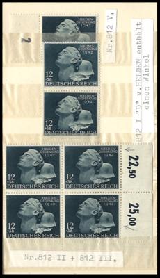 ** - D.Reich 1941/43 - 33 versch. Plattenf. meist mit Nebenm., - Briefmarken und Ansichtskarten