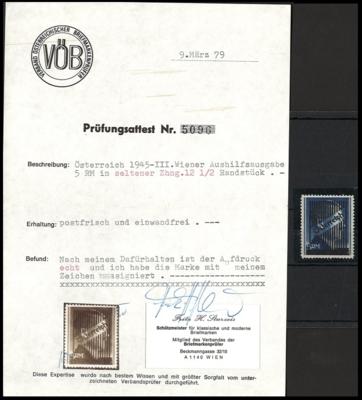 ** - Österr. 1945 - III. Wiener Aushilfsausgabe - 5RM in seltener Zähng. 12 1/2, - Známky