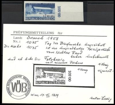 ** - Österr. Nr. 1075U (Tag der Briefmarke 1951 UNGEZÄHNT) vom rechten Bogenrand mit Überrand, - Francobolli