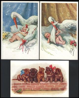 Poststück - Künstler Feiertag bzw. Grosmann: Partie Katzen/Hunde - Motivkarten sowie Babys meist mit Storch, - Briefmarken und Ansichtskarten