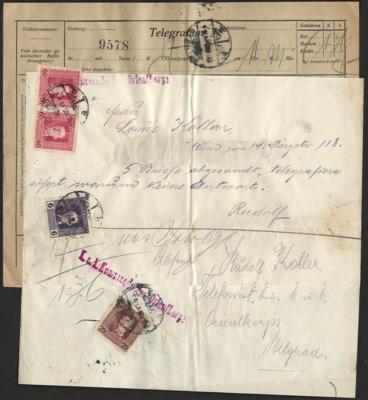 Poststück - Österr. Feldpost WK I - Partie frankierte Telegramme aus Belgrad u.a. mit Orientkorps, - Známky