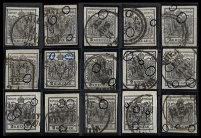 .gestempelt - Österr. Nr. 2 - 15 vollrandige Marken mit Plattenfehlern, - Briefmarken und Ansichtskarten