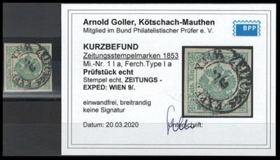 .gestempelt - Österr. Ztgsstempelmarke 1853 Nr. 1 Ia blaugrün, - Stamps