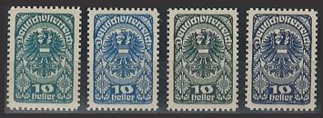 * - Österr. Nr. 259 (10 Heller) in versch. Farbproben (Blaugrün, - Stamps