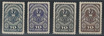 * - Österr. Nr. 259 (10 Heller) in vier versch. Farbproben (graublau, - Známky