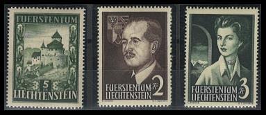 ** - Liechtenstein Nr. 309 (5 Fr. Vaduz) u. 332/33 (Fürst u. Fürstin), - Stamps