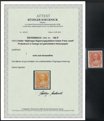 ** - Österr. Nr. 140 P (2 Heller 1908), - Briefmarken und Ansichtskarten