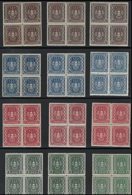 ** - Österr. Nr. 398/403 (Frauenkopf 1922/1924) in Viererblöcken, - Briefmarken und Ansichtskarten