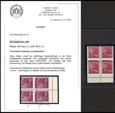 (*) - Österr. Nr. 740 V (5 Gr. Landschaft) im stark verzähnten Unterrand 4er Block, - Stamps