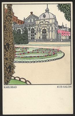 Poststück - Wiener Werkstätte Karte Nr. 221 - Künstler Karl Schwetz: "Karlsbad Kur - Salon", - Francobolli