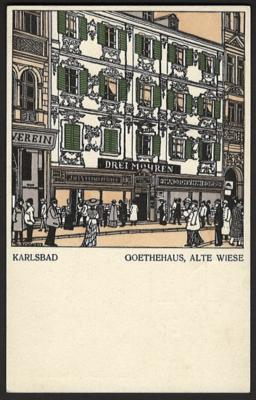 Poststück - Wiener Werkstätte - Karte Nr. 259 - Künstler Karl Schwetz: "Karlsbad Goethehaus, - Briefmarken und Ansichtskarten