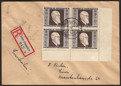 Poststück - Österr. 1946 - Eckrandviererbl. der Rennerserie auf 4 Recobriefen ab dem Postamt LINZ 5, - Stamps and postcards