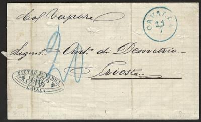 Poststück - Österr. Post in  d. Levante gef. Poststück ab 1865 CAVALLA (blau) mit Desinfektionsschlitzen nach Triest, - Francobolli e cartoline