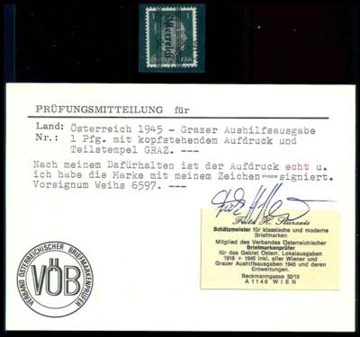 ** - Österr. 1945 - 1 Pfg. Grazer Schwarz mit kopfstehendem Aufdruck, - Známky a pohlednice