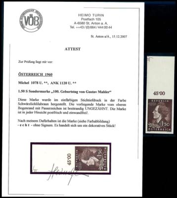 Österr. Nr. 1120 U (Gustav Mahler) mit Oberrand, - Známky a pohlednice