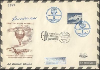 Poststück - Österr. - Hochalpen - Ballonpost 1957 in Gold - Silber und Bronze und 2 weitere Belege, - Stamps and postcards