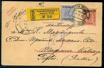Poststück - Österr. P. in  d. Levante - Ganzsachenpostkarte zu 20 Para ohne Umrandung (Nr. 14) + Nr. 45, - Stamps and postcards