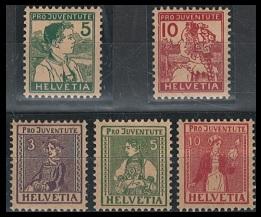 ** - Schweiz Nr. 128/129 u. 133/135 (Pro Juventute 1915 u.1917) postfr. Prachtstücke, - Známky a pohlednice