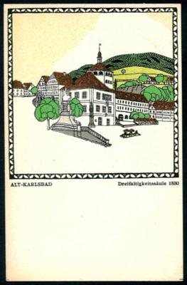 Poststück - Wiener Werkstätte: Karte Nr. 209 - Karl Schwetz: "Alt -Karlsbad Dreifaltigkeitssäule 1830", - Francobolli e cartoline