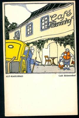 Poststück - Wiener Werkstätte - Karte Nr. 214 - Leopold Drexler: "Alt Karlsbad Cafe Helenenhof", - Známky a pohlednice