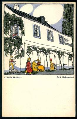 Poststück - Wiener Werkstätte: Karte Nr. 219 - Leopold Drexler: "Alt Karlsbad - Cafe Helenenhof", - Známky a pohlednice