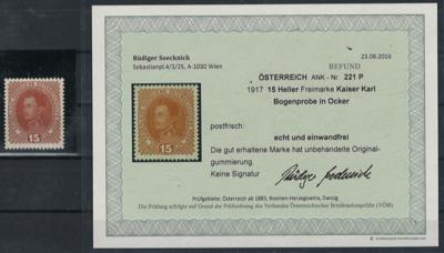 ** - Österr. Nr. 221P (15 Heller Freimarke Kaiser Karl als BOGENPROBE in OCKER), - Známky a pohlednice