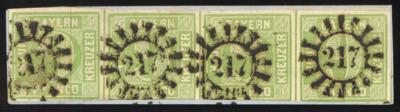 Briefstück - Bayern Nr. 5a bläulichgrün im waahrechten Viererstreifen auf Briefstück, - Známky a pohlednice