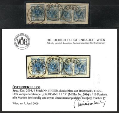 Briefstück - Österr. 1850 - Nr. 5 HIIIb - 4 Marken treppenartig geklebt auf Briefstück, - Známky a pohlednice