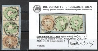 Briefstück - Österr. Nr. 19 (2) + 34 als 21 kr.- Frankatur auf Briefstück, - Briefmarken und Ansichtskarten