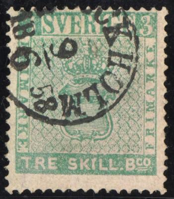 gestempelt - Schweden Nr. 1b (3 Skill. bläulich-grün) re. kurzer Z., - Známky a pohlednice