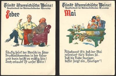 Poststück - 12 versch. Monats - Werbe - AK "Trinkt Österreichische Weine" mit klugen Sprüchen, - Stamps and postcards