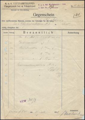 Poststück - Langstempel "Kiew" (19:4 mm) auf Gegenschein mit Stempel Filialdepots des Fliegerparks Nr. 4 aus Juli 1918, - Stamps and postcards