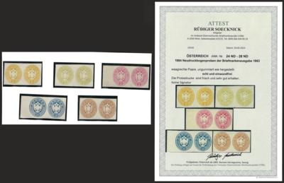 (*) - Österr. Monarchie - NEUDRUCKBOGENPROBEN 1884 der Ausgabe 1863 in waagrechten Paaren (Nr. 24ND/28ND), - Stamps and postcards