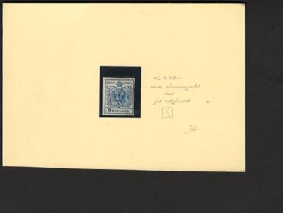 (*) - PROBEDRUCK der 3 Kreuzer 1850 in BLAU, - Francobolli e cartoline