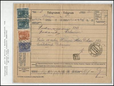 Poststück - Österr. Monarchie Ausg. 1908 - frankiertes Telegramm über 78 Heller von Prossnitz nach Debrezen aus 1915, - Stamps and postcards