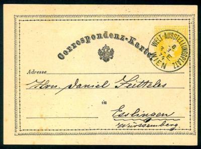 Poststück - "WELT - AUSSTELLUNGSPLATZ WIEN 8/1 3-E. 74" auf 2 Kr. Ganzsachen - Correspondenzkarte nach Esslingen, - Briefmarken und Ansichtskarten