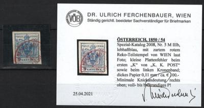 .gestempelt - Österr. Nr. 5M lebhaftblau mit Rot gestempelt nach Gutachten Dr. Ferchenbauer kl. Plattenfehler, - Stamps and postcards