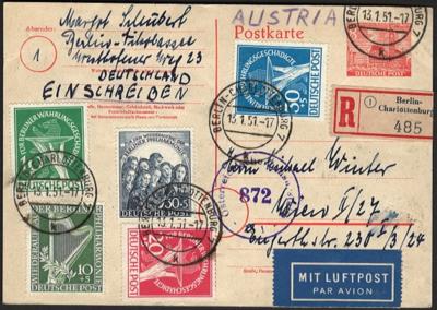Poststück -Berlin - Nr. 68/70 + 72/73 alsZufrankatur auf rekommandierter Flugpost - Ganzsache von Berlin nach Wien, - Stamps and postcards