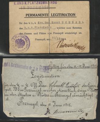 Poststück - Österr. Feldpost WK I - Festung Przemysl - 3 interessante Dokumente eines Offizierdieners aus 1914/1915, - Briefmarken und Ansichtskarten