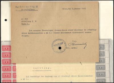 ** - Wien 1945 - Originalbgn. der 1 uns 2 RM Gebührenmarken des Statistischen Reichsamtes zu 100 Stück, - Stamps and postcards