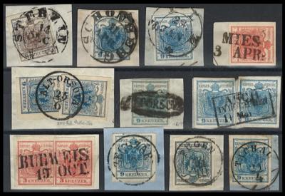 Briefstück - Österr. Nr. 3/5 - Partie Abstempelungen auf Briefstkn., - Stamps and postcards