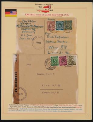Poststück - 2 attraktive Belege aus der US-Zone Deutschlands vom 1. april 46 = Ersttag nach Österreich, - Známky a pohlednice