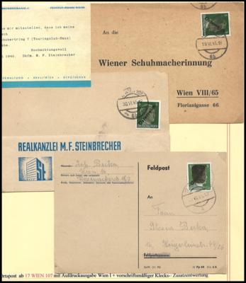 Poststück - Wien Postamt 107 philatelistische Dokumentation 1945 ca. 60 Belege auf Ausstellungsbl., - Briefmarken und Ansichtskarten