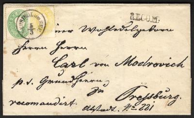 Poststück - Österr. Ausg. 1861 - "NEUSIEDL am SEE 5/3" auf rekommandierter Faltbriefhülle mit Nr. 18 + 19nach Preßburg, - Francobolli e cartoline
