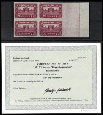 (*) - Österr Nr. 289P (7 1/2 Kronen "REGENBOGENSERIE") in Bräunlichlila im ungummierten Rand - Viererblock, - Stamps and postcards
