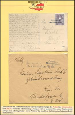 Poststück - Bezirk Neunkirchen - 4 Belege mit provisor. Entwertung Postamt Grimmenstein bzw. handschriftlich Payerbach, - Briefmarken und Ansichtskarten