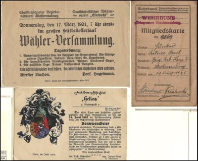 Poststück - Partie Dokumaterial KLOSTERNEUBURG mit Rechnungen - Einladungen zu Veranstaltungen etc., - Briefmarken und Ansichtskarten