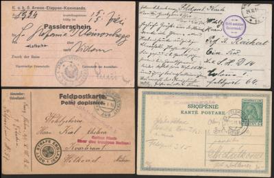 Poststück - Partie Österr. Feldpost WK I u.a. mit Passierschein des 5. Armee - Etappen - Kdo., - Briefmarken und Ansichtskarten