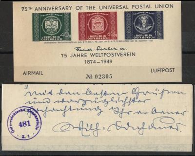**/gestempelt/Poststück - Interess. Partie UPU - Ausg. 1949 u.a. Schwarzdruck u. Adresszettel je mit Autogramm Ferd. Lorbeer, - Stamps and postcards